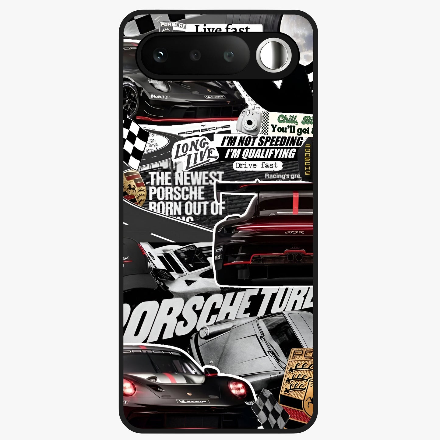 Porsche Racing Collage Glass Case showing flat back view with sports car racing collage artwork and glossy glass finish.
