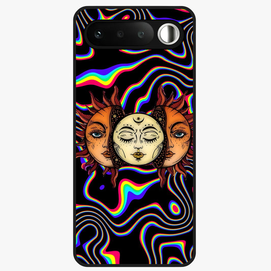 Psychedelic Sun Glass Case showing flat back view with colorful psychedelic sun artwork and glossy glass finish.