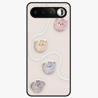 Puffy Face Parade Glass Case showing flat back view with cute puffy character faces artwork and glossy glass finish.