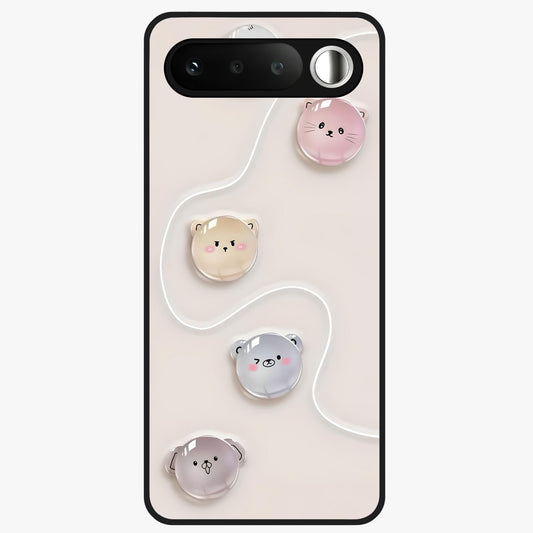 Puffy Face Parade Glass Case showing flat back view with cute puffy character faces artwork and glossy glass finish.