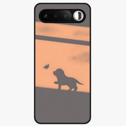 Puppy Shadow Art Glass Case showing flat back view with cute puppy shadow style artwork and glossy glass finish.