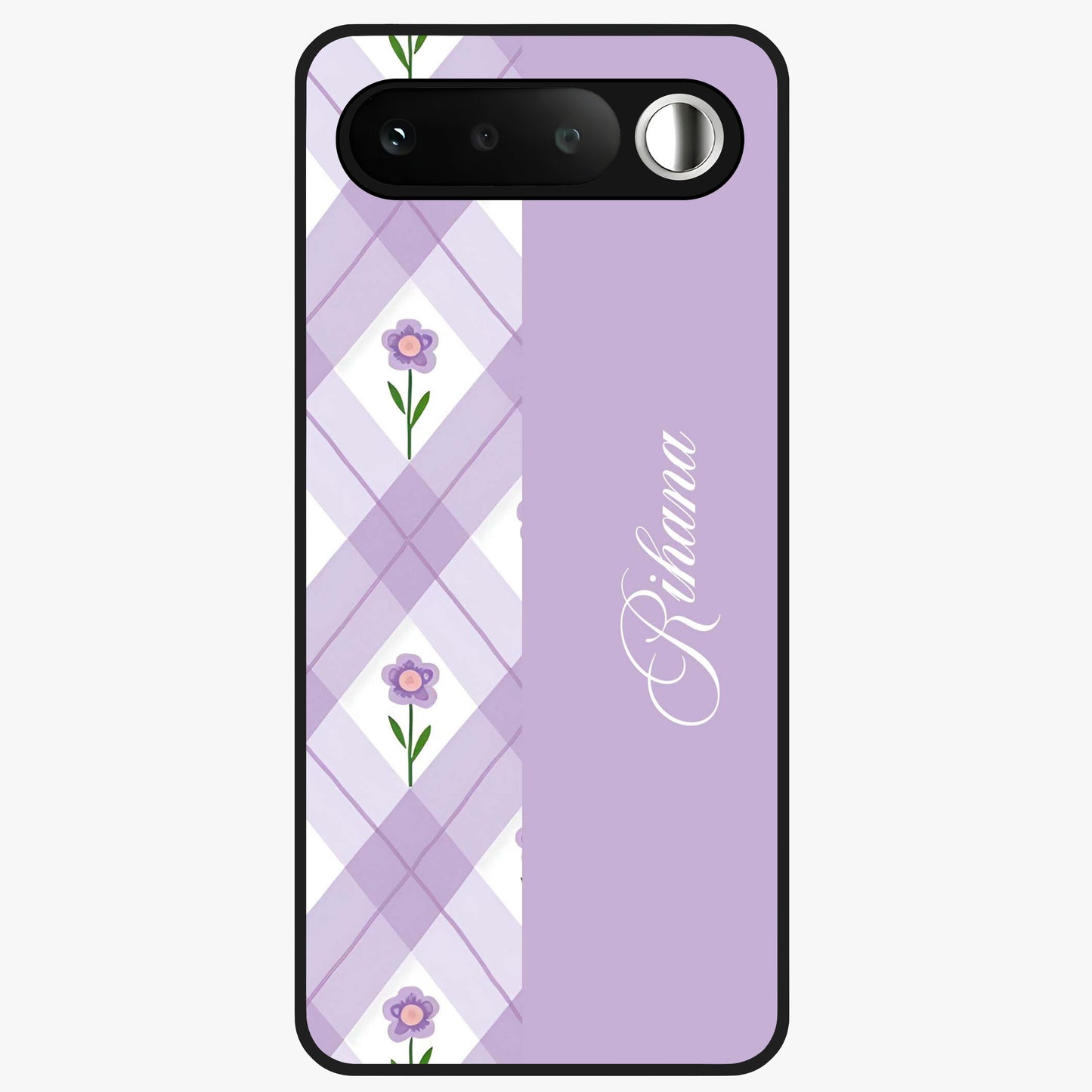 Purple Diamond Floral Glass Case showing flat back view with diamond shaped floral artwork and glossy glass finish.