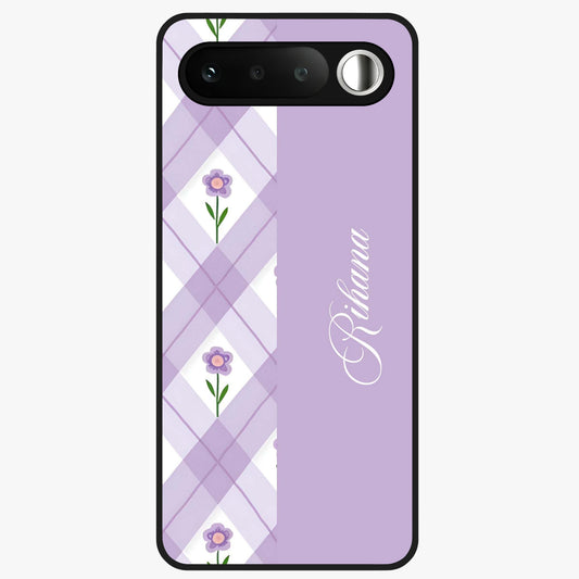 Purple Diamond Floral Glass Case showing flat back view with diamond shaped floral artwork and glossy glass finish.