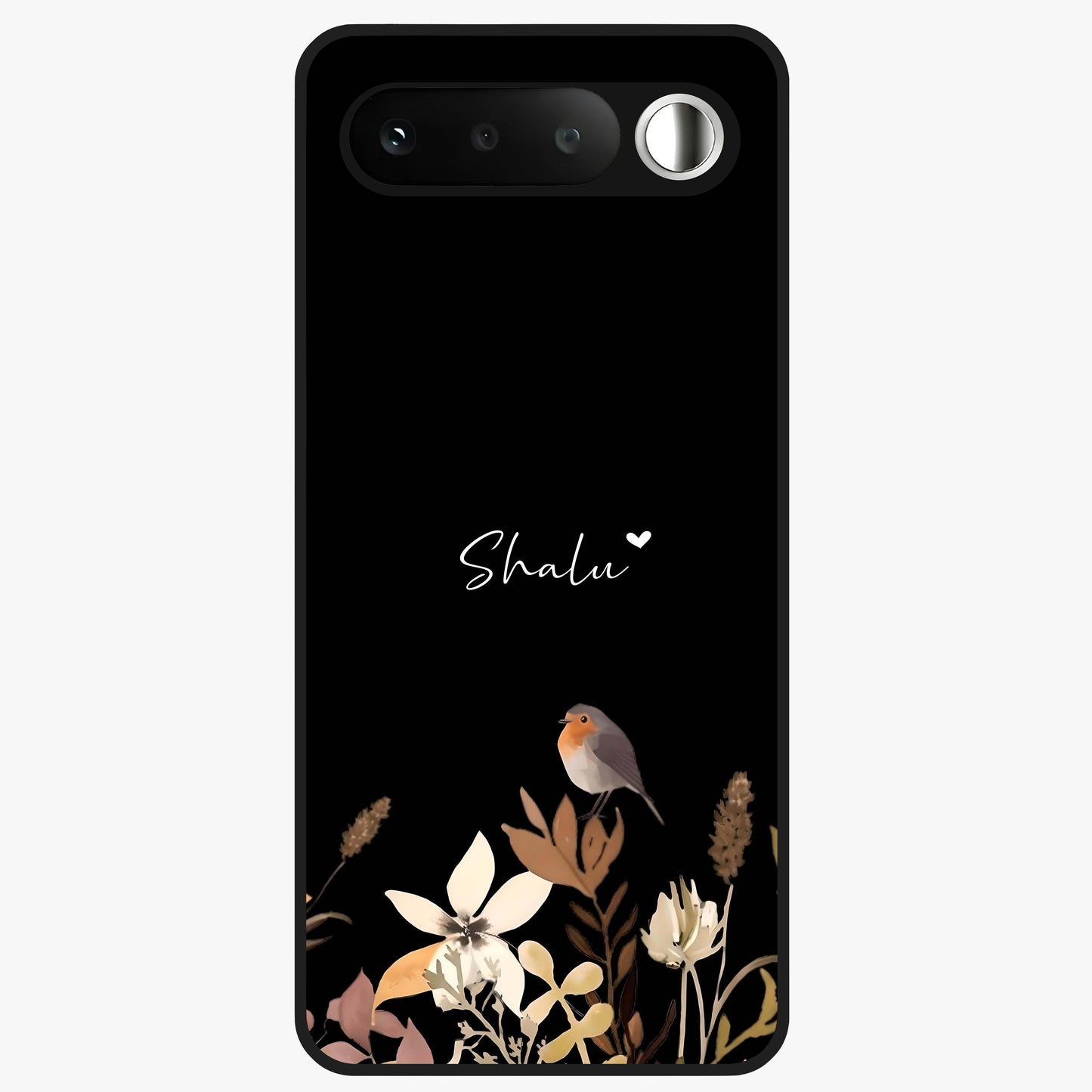 Quiet Garden Tune Custom Name Glass Case showing flat back view with peaceful garden artwork and personalized name design.