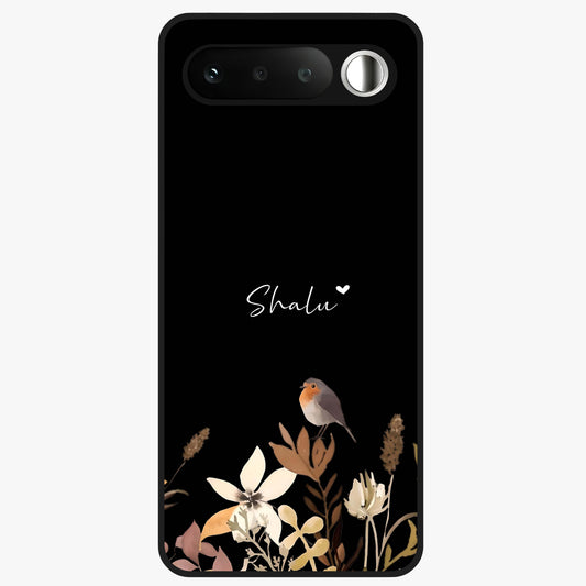 Quiet Garden Tune Custom Name Glass Case showing flat back view with peaceful garden artwork and personalized name design.