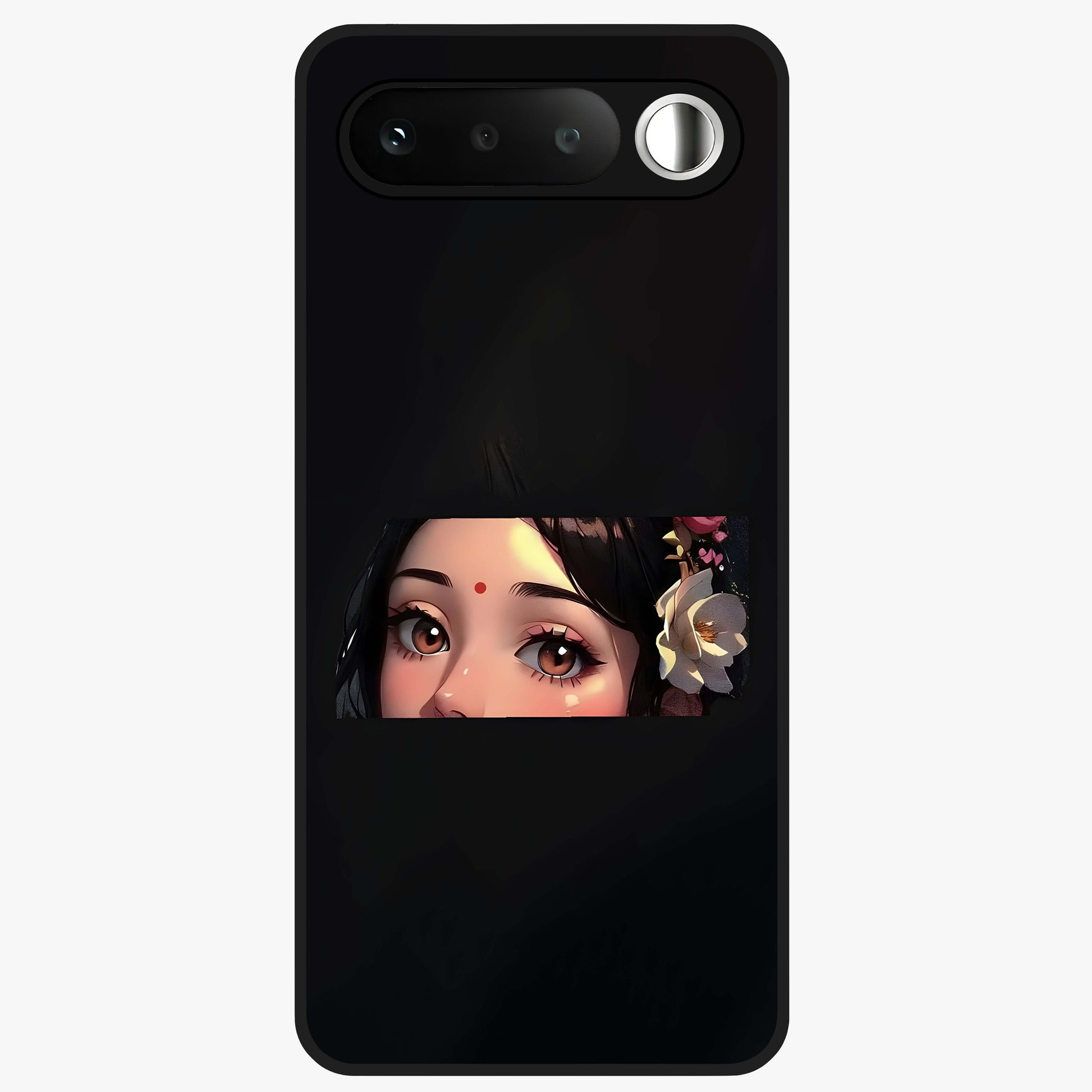 Radha Divine Embrace Glass Case showing flat back view with devotional Radha artwork and glossy glass finish.