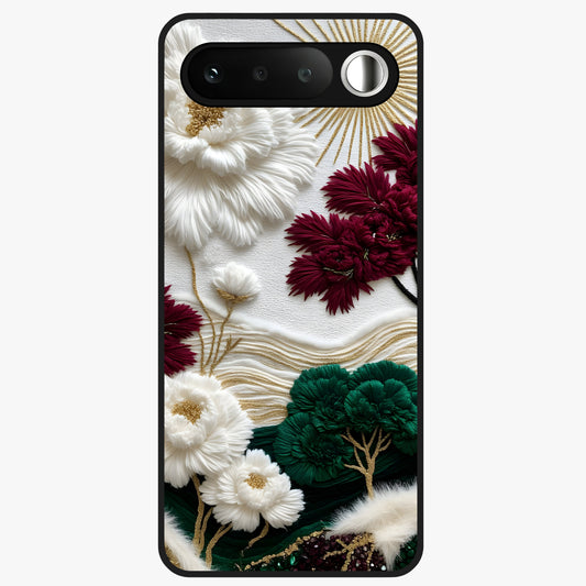 Radiant Bloom Elegance Glass Case showing flat back view with elegant blooming flower artwork and glossy glass finish.