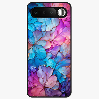 Radiant Floral Whirl Glass Case showing flat back view with swirling floral artwork and glossy glass finish.