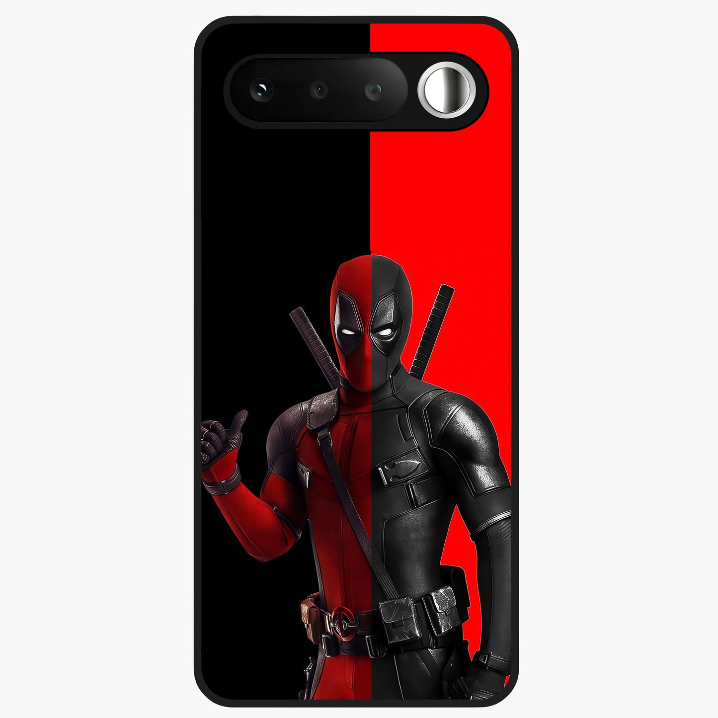 Red & Black Deadpool Theme Glass Case showing flat back view with bold comic inspired artwork and glossy glass finish.