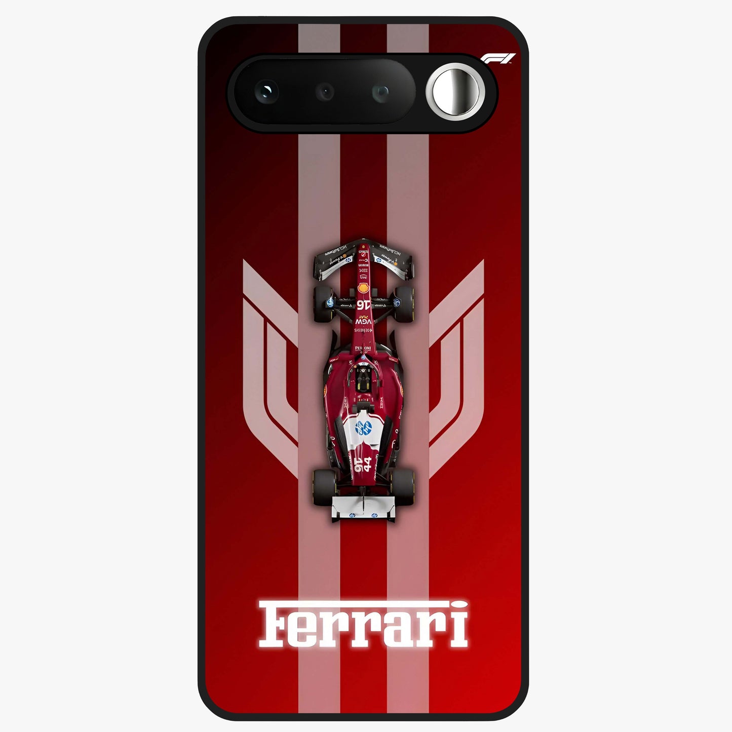 Red Ferrari F1 Vertical Glass Case showing flat back view with sleek Formula racing car artwork and glossy glass finish.