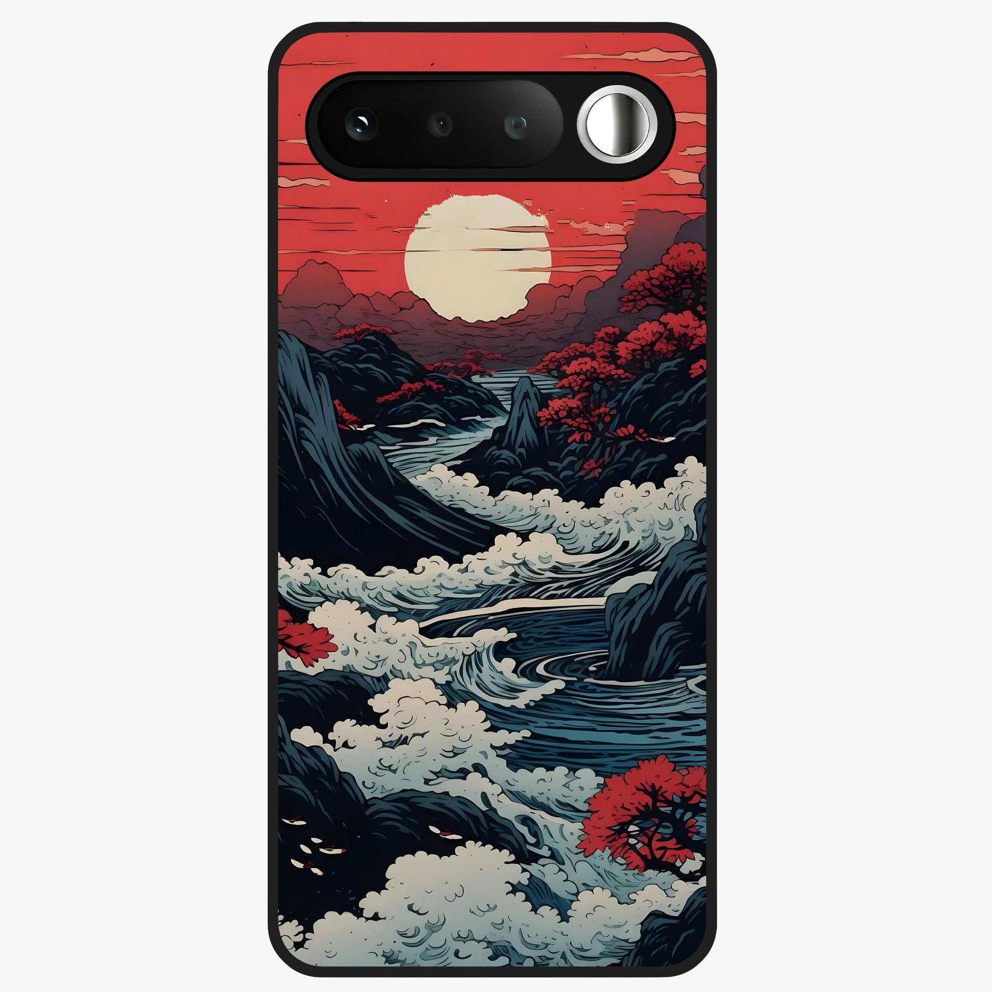 Red Sunset Scenery Glass Case showing flat back view with vibrant sunset landscape artwork and glossy glass finish.