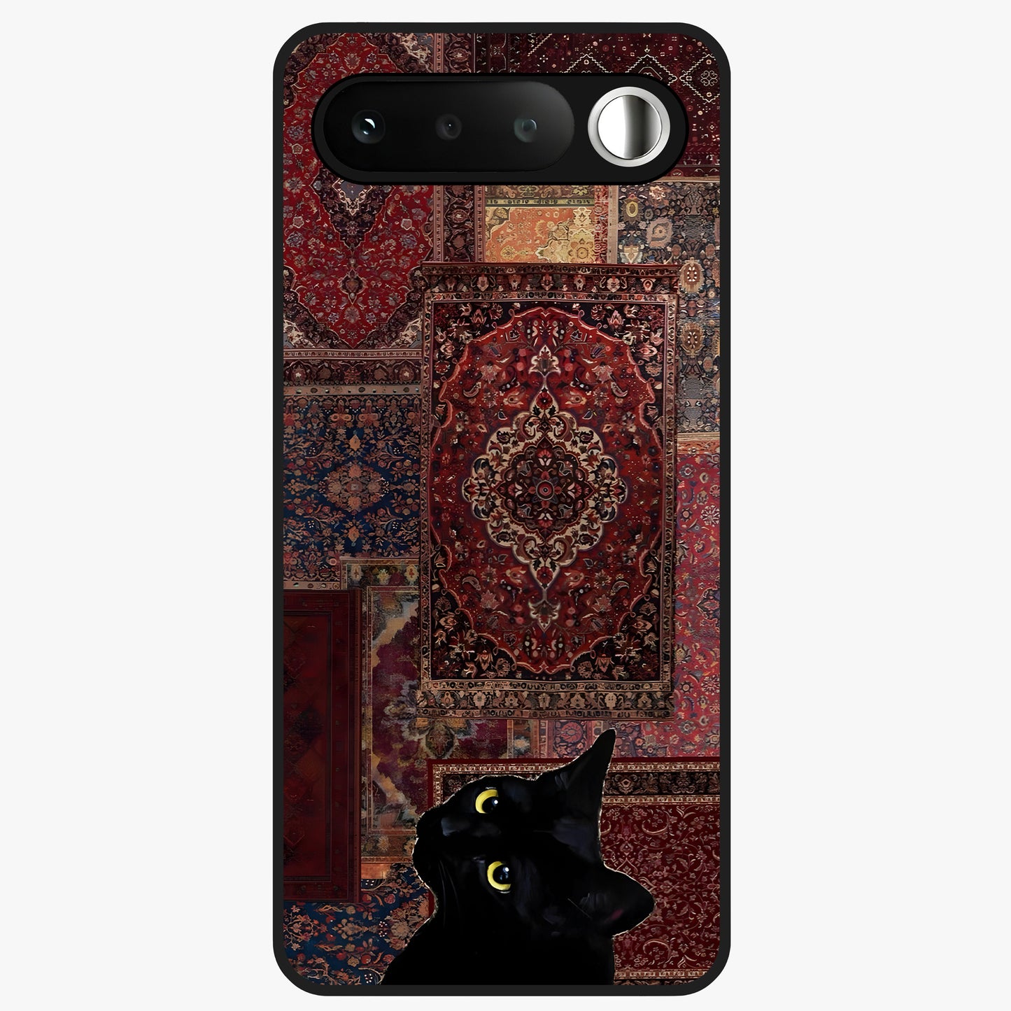 Regal Magic Cat Apple Glass Case showing flat back view with magical cat artwork holding apple and glossy glass finish.