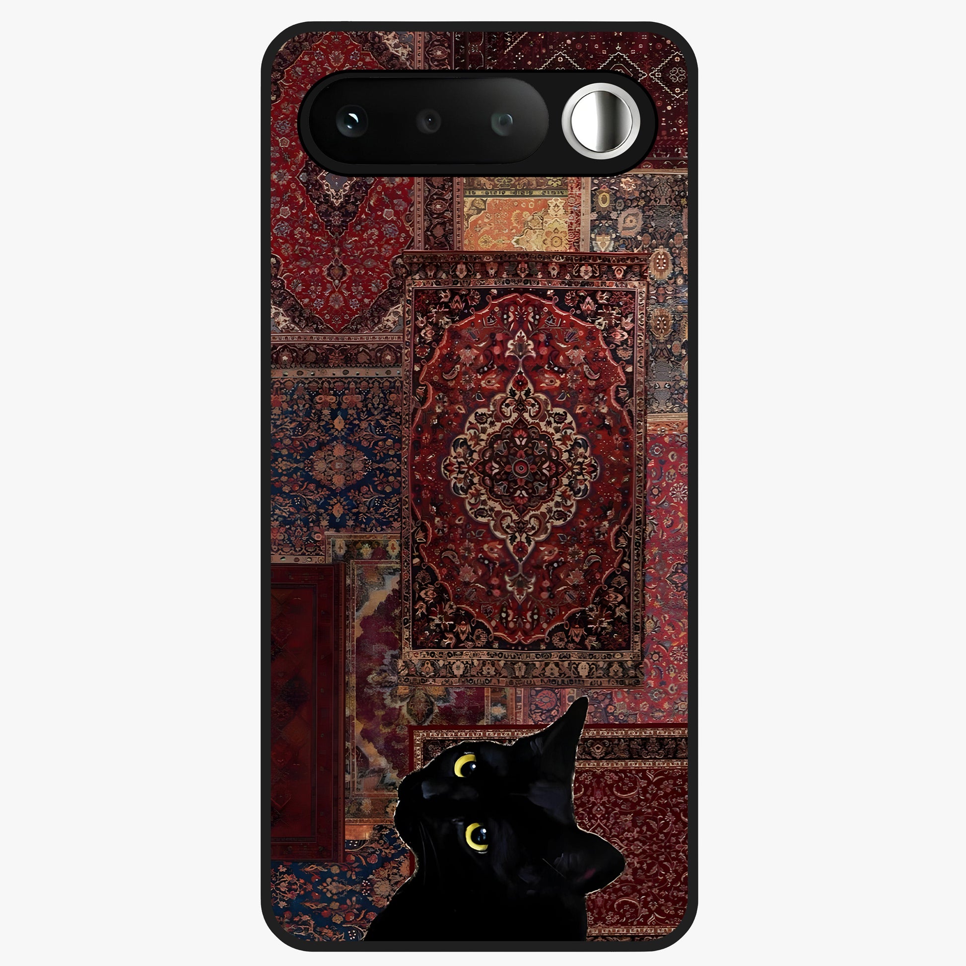 Regal Magic Cat Apple Glass Case showing flat back view with magical cat artwork holding apple and glossy glass finish.