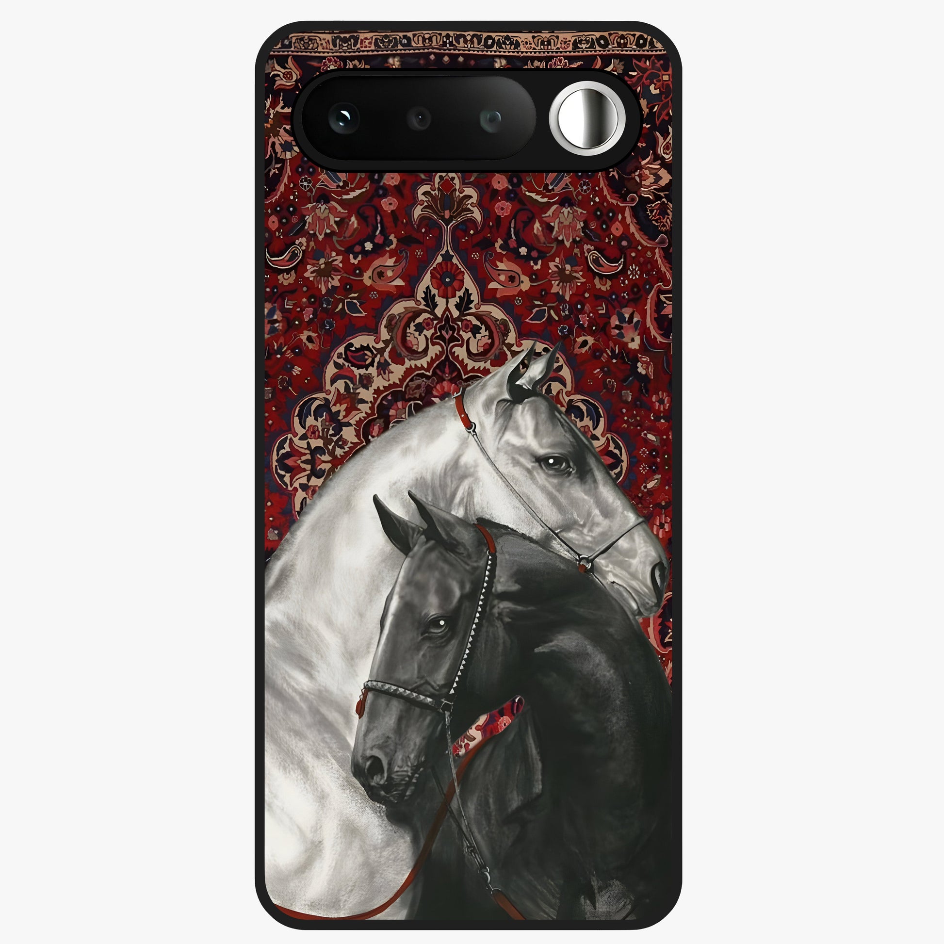 Regal Stallion Tapestry Glass Case showing flat back view with majestic horse tapestry artwork and glossy glass finish.