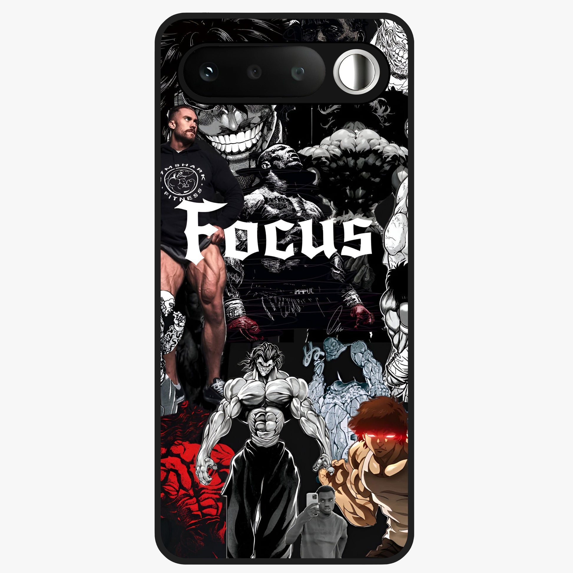 Relentless Power Focus Glass Case showing flat back view with motivational typography artwork and glossy glass finish.