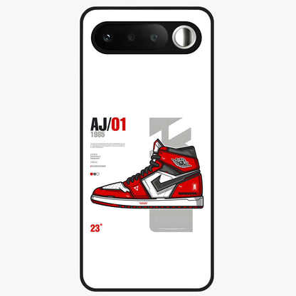 Retro Sneaker Blueprint Glass Case showing flat back view with sneaker blueprint style artwork and glossy glass finish.