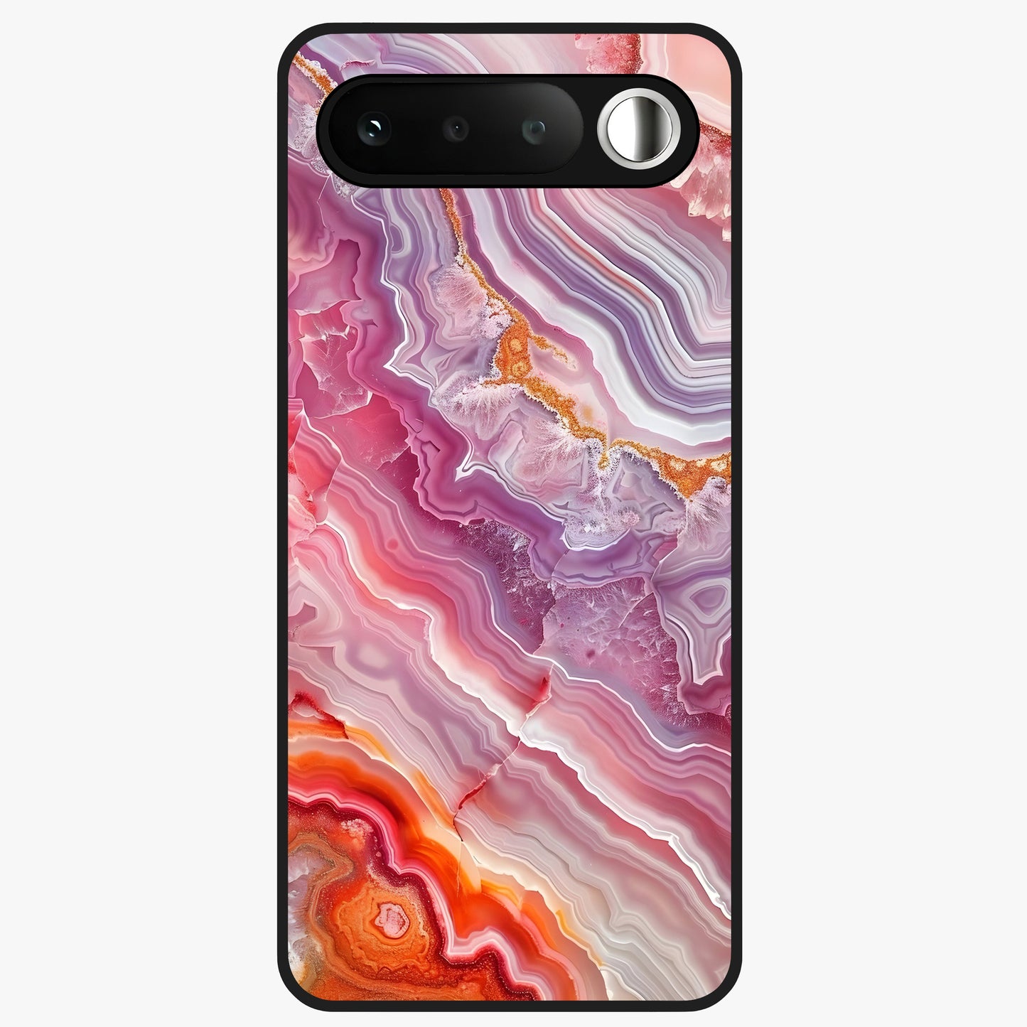 Rose Quartz Marble Glass Case showing flat back view with pink marble quartz texture artwork and glossy glass finish.