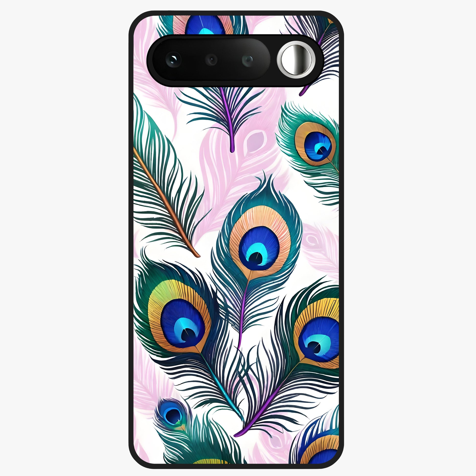 Royal Peacock Feathers Glass Case showing flat back view with colorful peacock feather artwork and glossy glass finish.