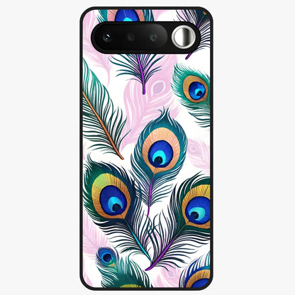 Royal Peacock Feathers Glass Case showing flat back view with colorful peacock feather artwork and glossy glass finish.