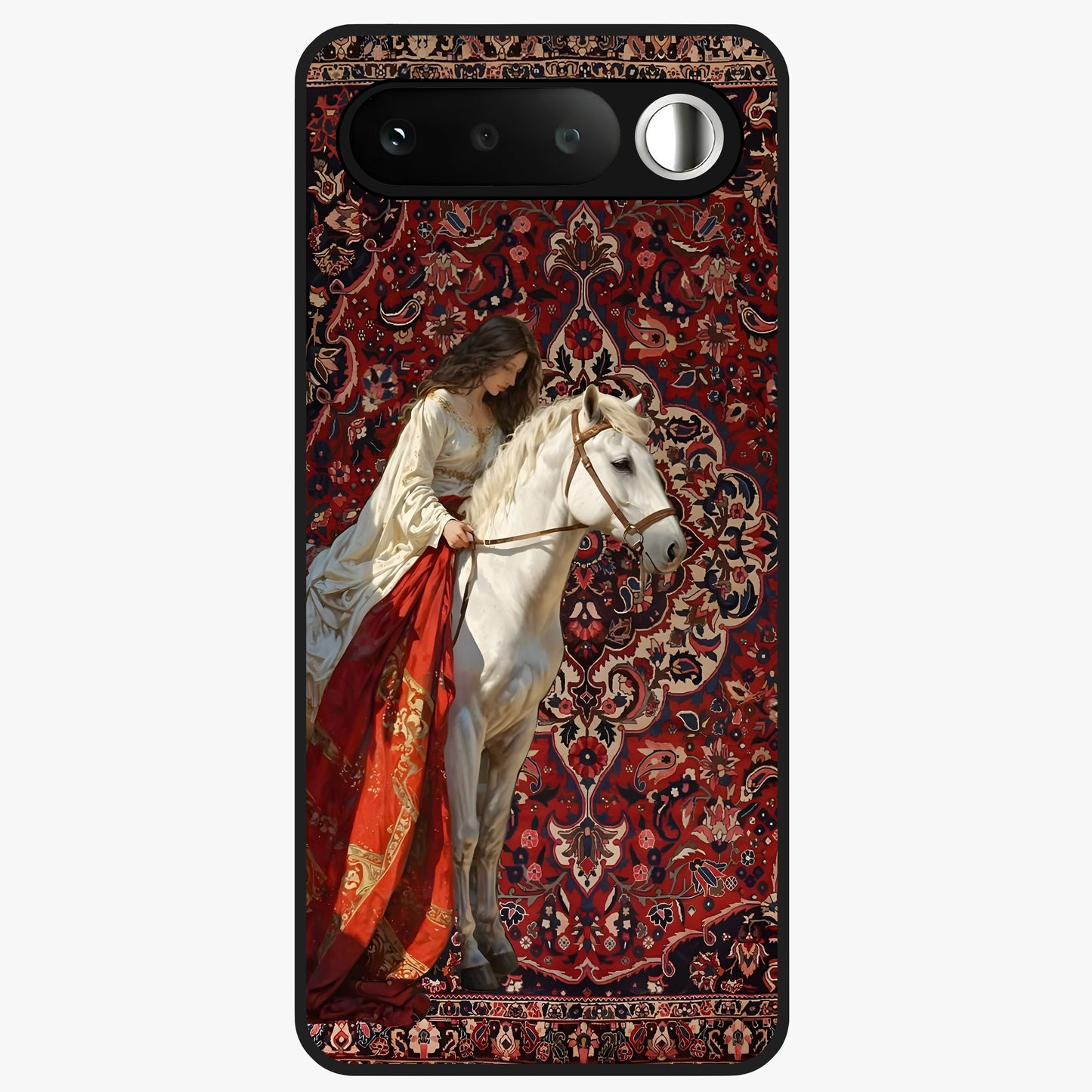 Royal Rider Tapestry Glass Case showing flat back view with majestic horse rider tapestry artwork and glossy glass finish.