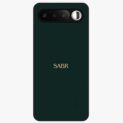 Sabr Minimal Patience Glass Case showing flat back view with minimalist typography artwork and glossy glass finish.