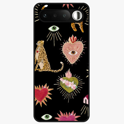 Sacred Jungle Heart Glass Case showing flat back view with jungle inspired heart artwork and glossy glass finish.