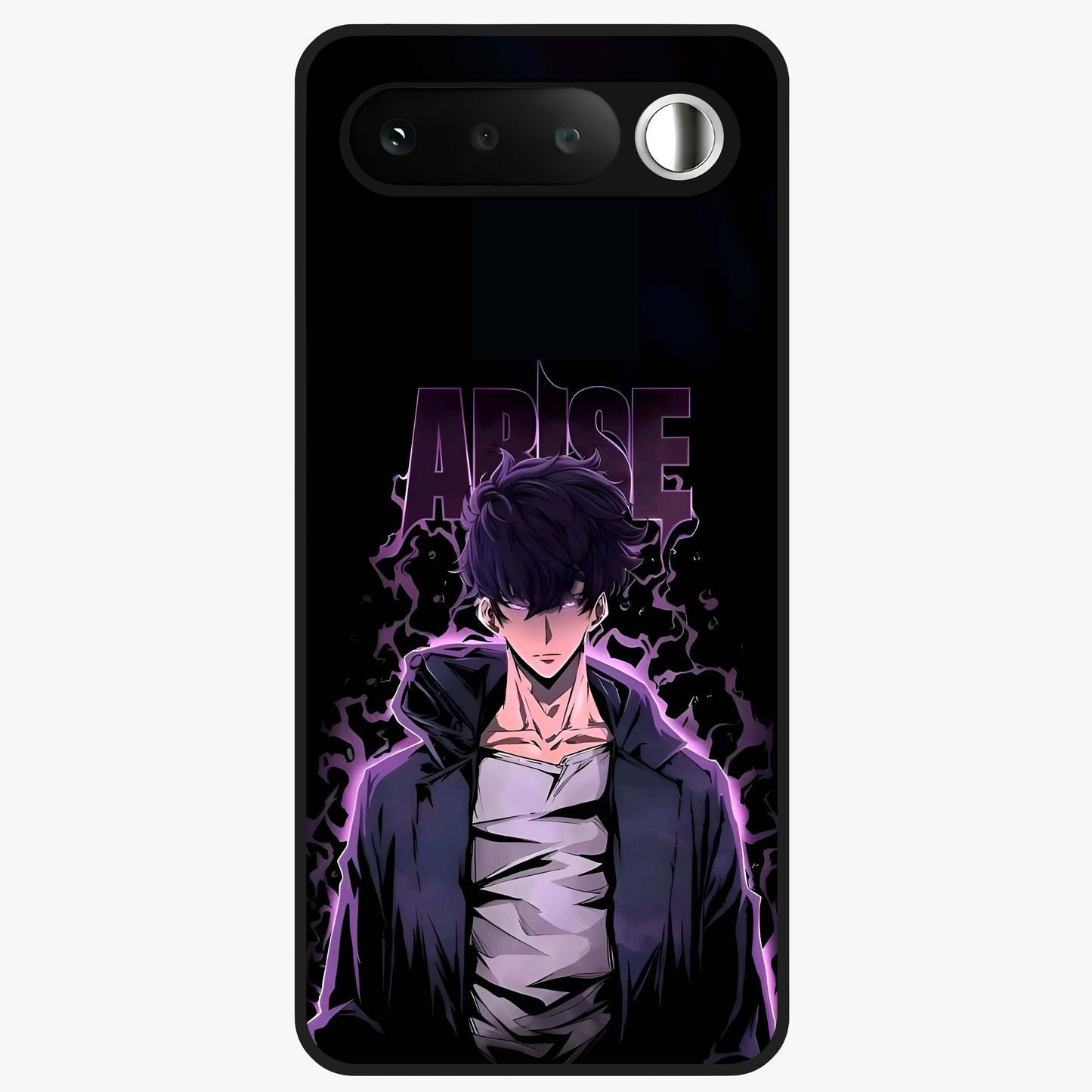 Shadow Monarch Awakening Glass Case showing flat back view with powerful dark monarch themed artwork and glossy glass finish.