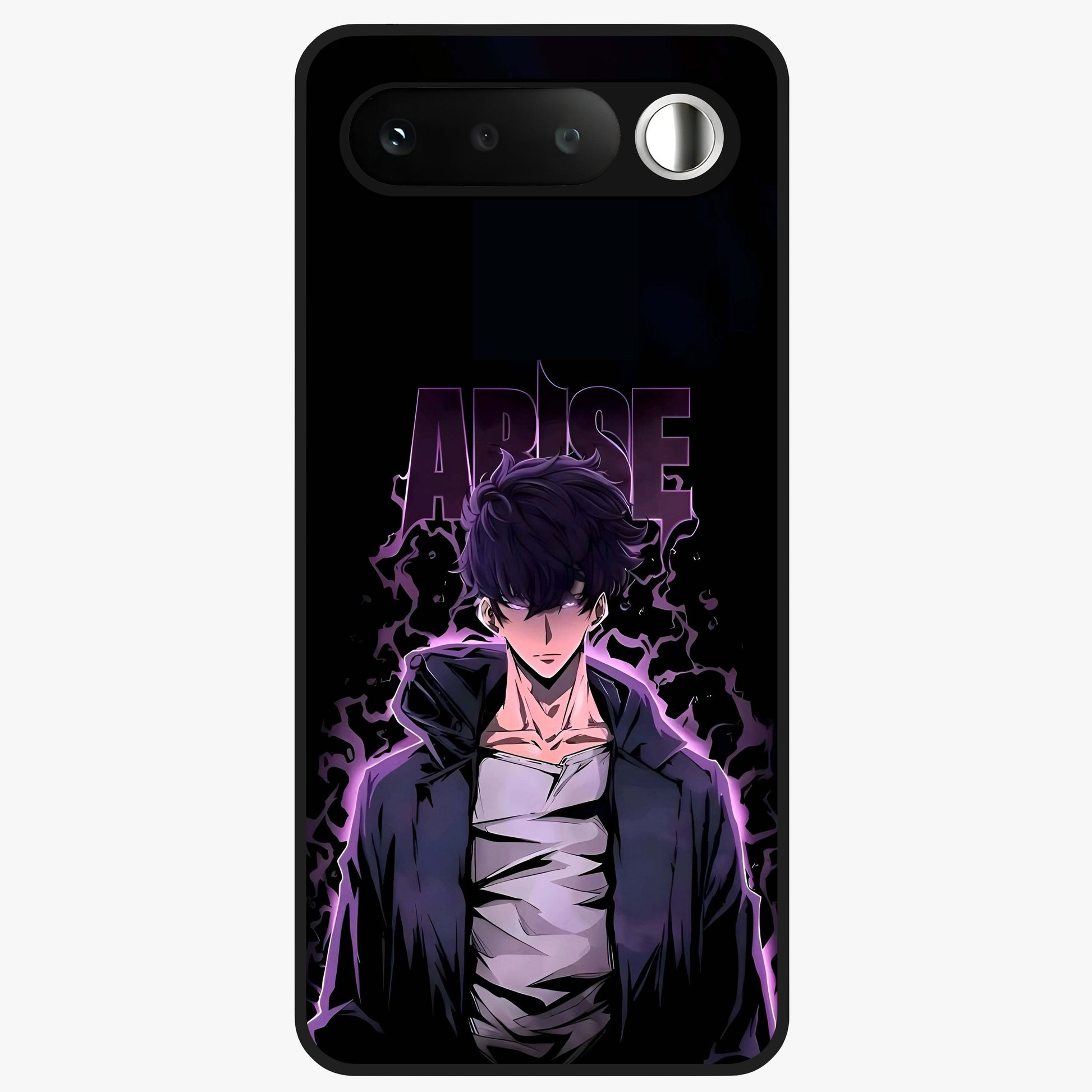 Shadow Monarch Awakening Glass Case showing flat back view with powerful dark monarch themed artwork and glossy glass finish.