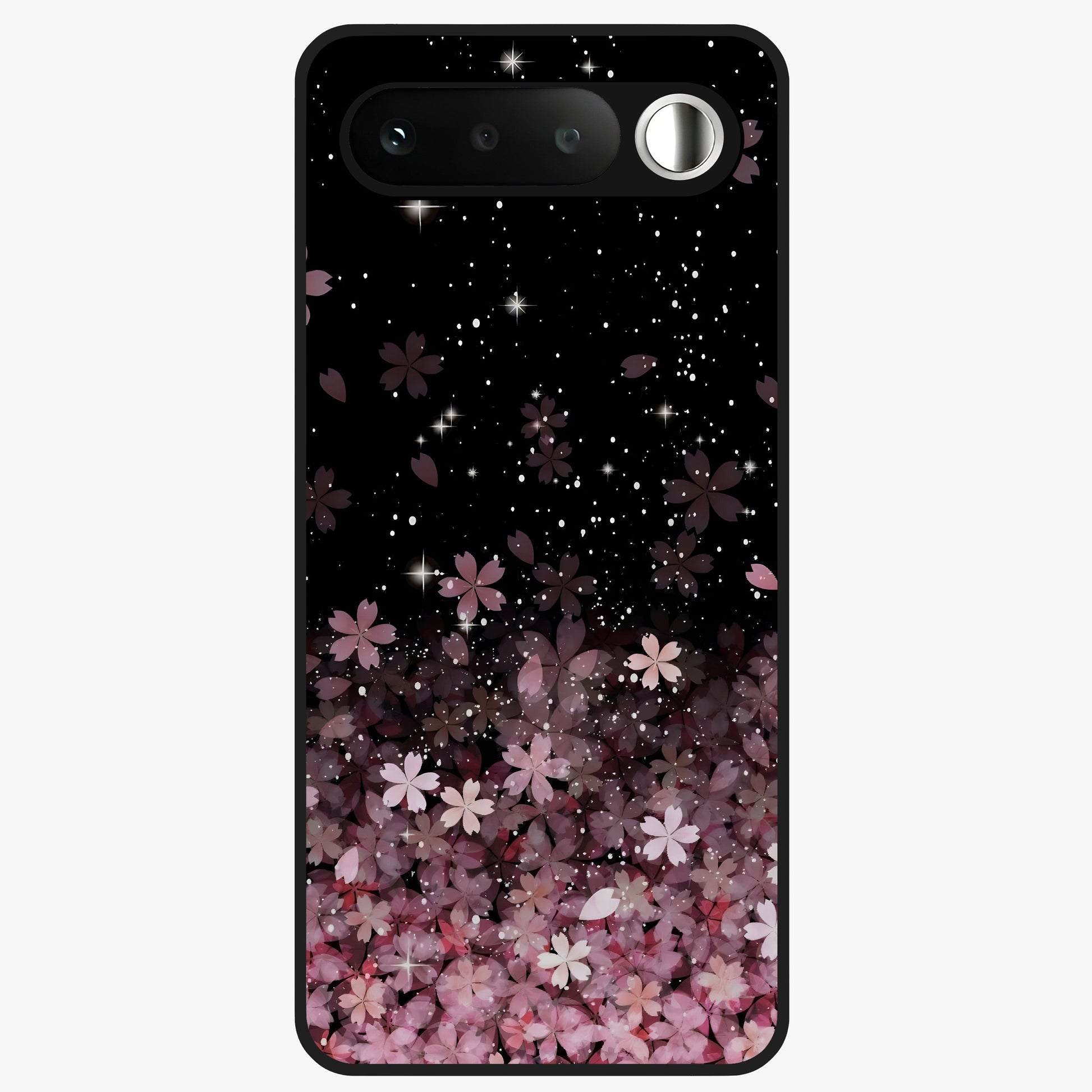 Small Starry Flowers Glass Case showing flat back view with delicate starry floral artwork and glossy glass finish.