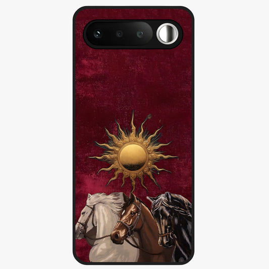 Solar Riders Glass Case showing flat back view with dynamic rider themed artwork and glossy glass finish.