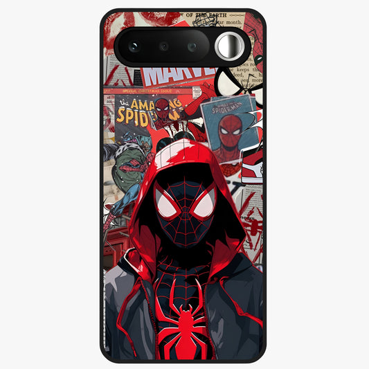 Spider Collage Street Glass Case showing flat back view with vibrant superhero collage artwork and glossy glass finish.
