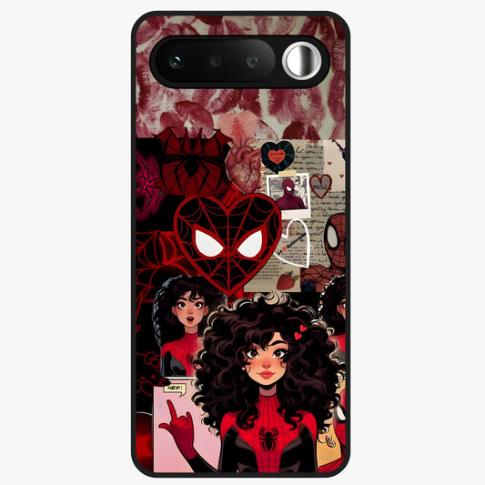 Spider Love Story Glass Case showing flat back view with romantic superhero themed artwork and glossy glass finish.