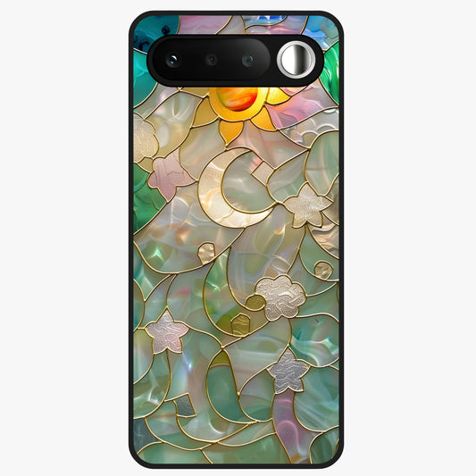 Stained Sunrise Glow Glass Case showing flat back view with glowing sunrise stained pattern artwork and glossy glass finish.