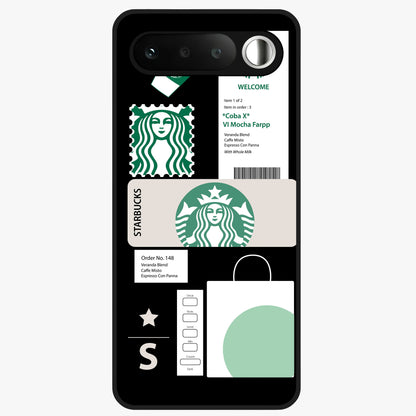 Starbucks Mocha Glass Case showing flat back view with coffee inspired artwork and glossy glass finish.