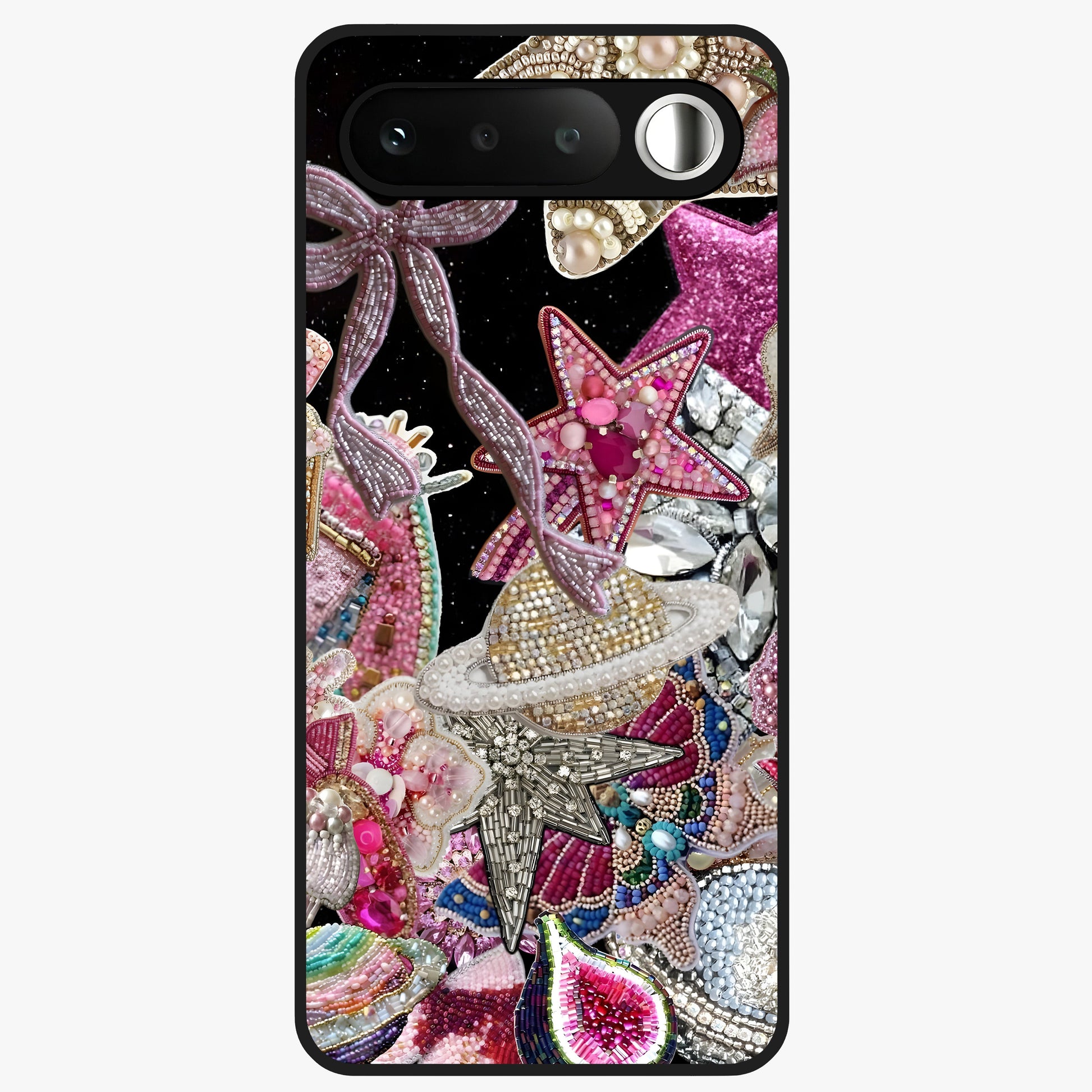 Starlit Jewel Dream Glass Case showing flat back view with sparkling jewel and star themed artwork and glossy glass finish.
