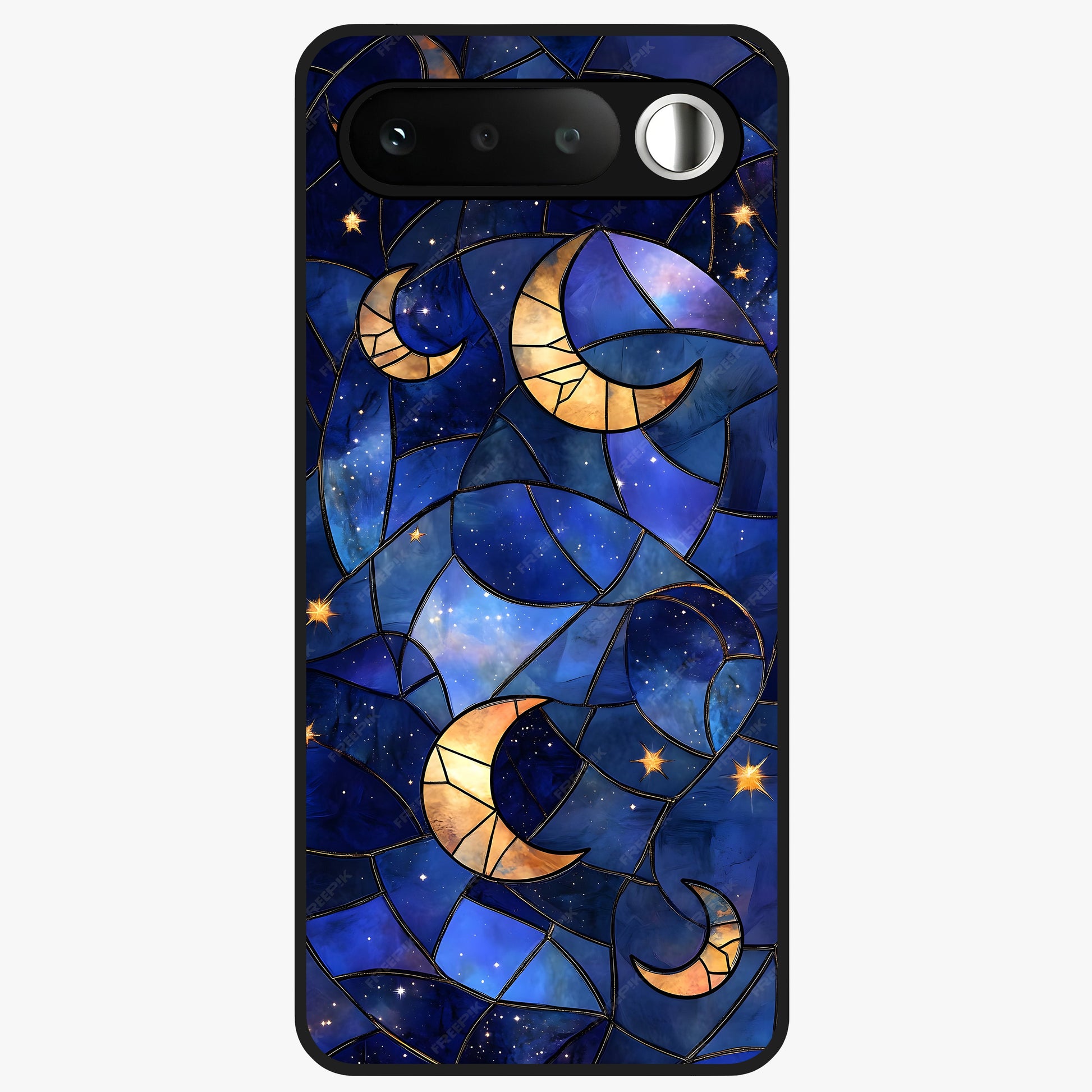 Starlit Sky Tapestry Glass Case showing flat back view with decorative starry sky tapestry artwork and glossy glass finish.