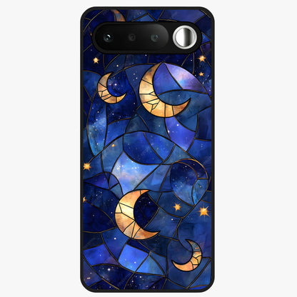 Starlit Sky Tapestry Glass Case showing flat back view with decorative starry sky tapestry artwork and glossy glass finish.