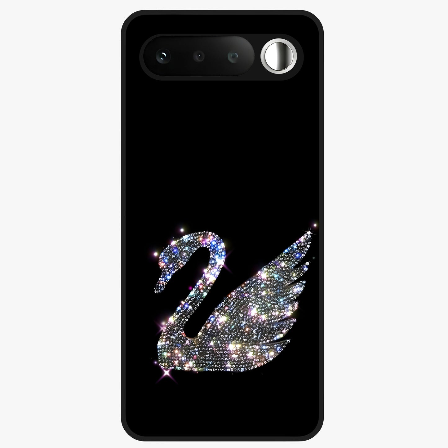Starlit Swan Grace Glass Case showing flat back view with graceful swan artwork under starry sky and glossy glass finish.