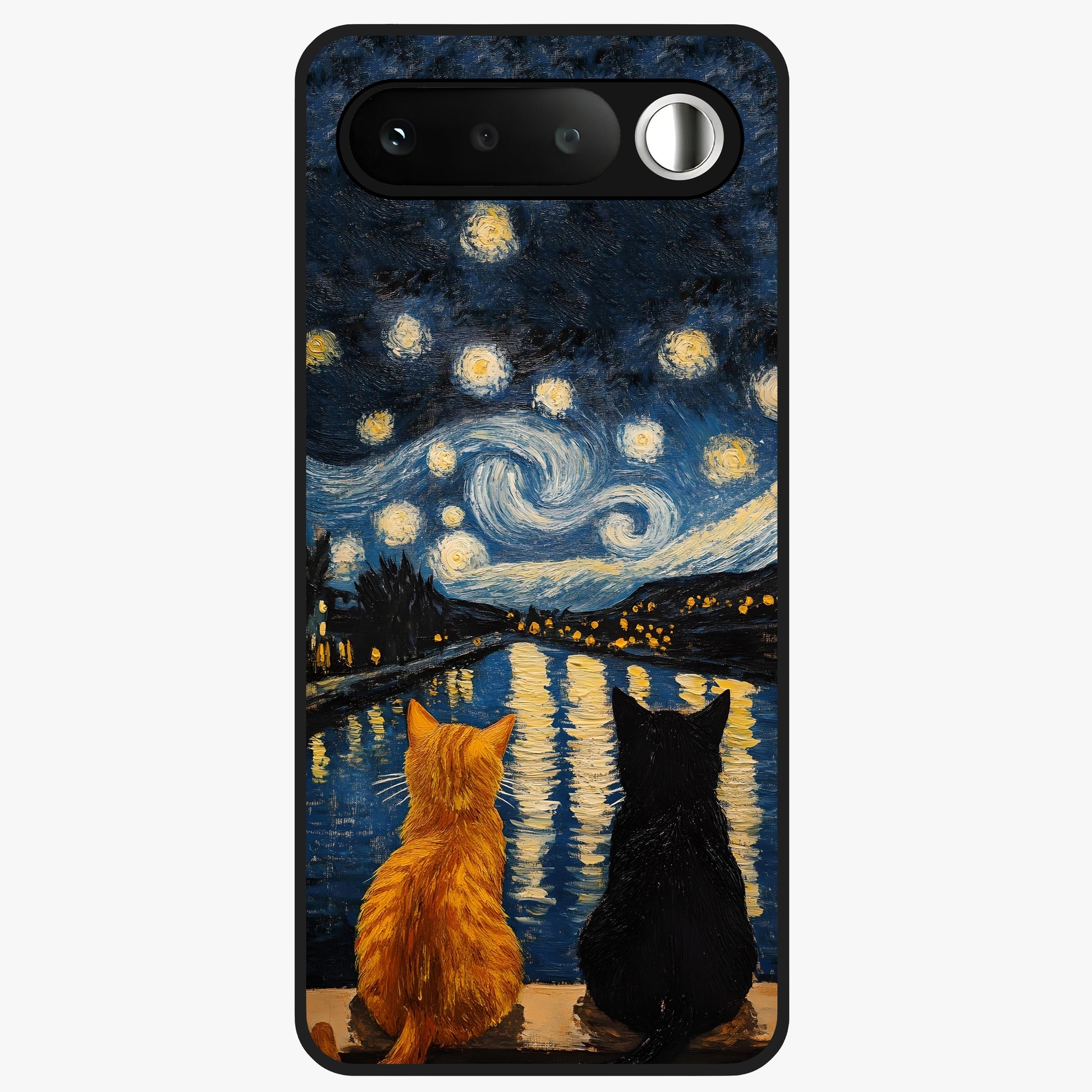 Starry River Cats Glass Case showing flat back view with cats by a starry river artwork and glossy glass finish.