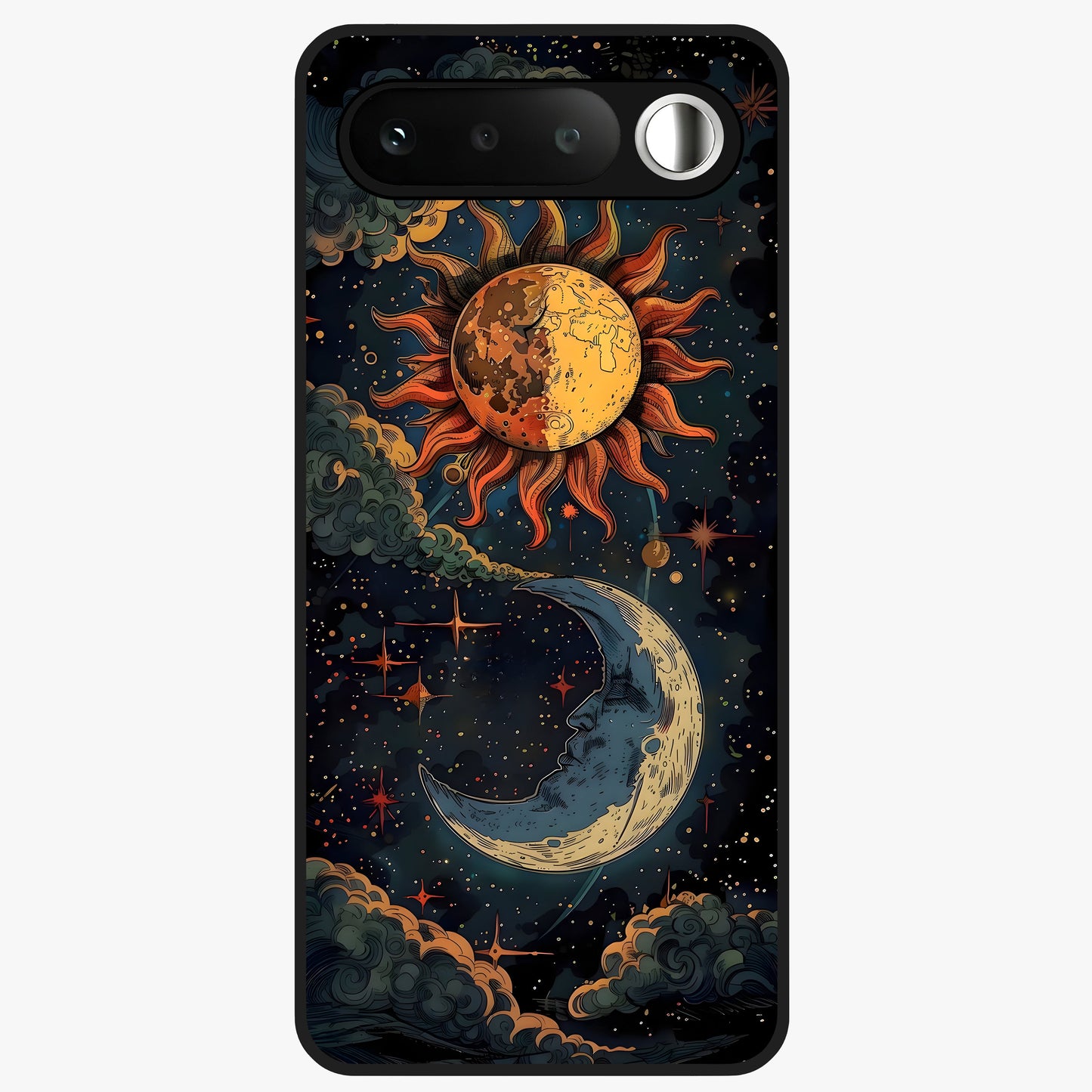Sun And Moon Magic Design Glass Case showing flat back view with mystical sun and moon artwork and glossy glass finish.