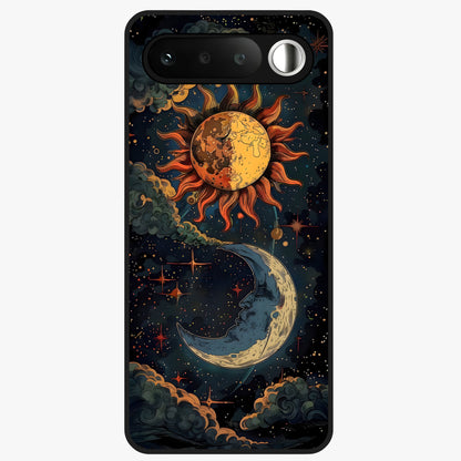 Sun And Moon Magic Design Glass Case showing flat back view with mystical sun and moon artwork and glossy glass finish.