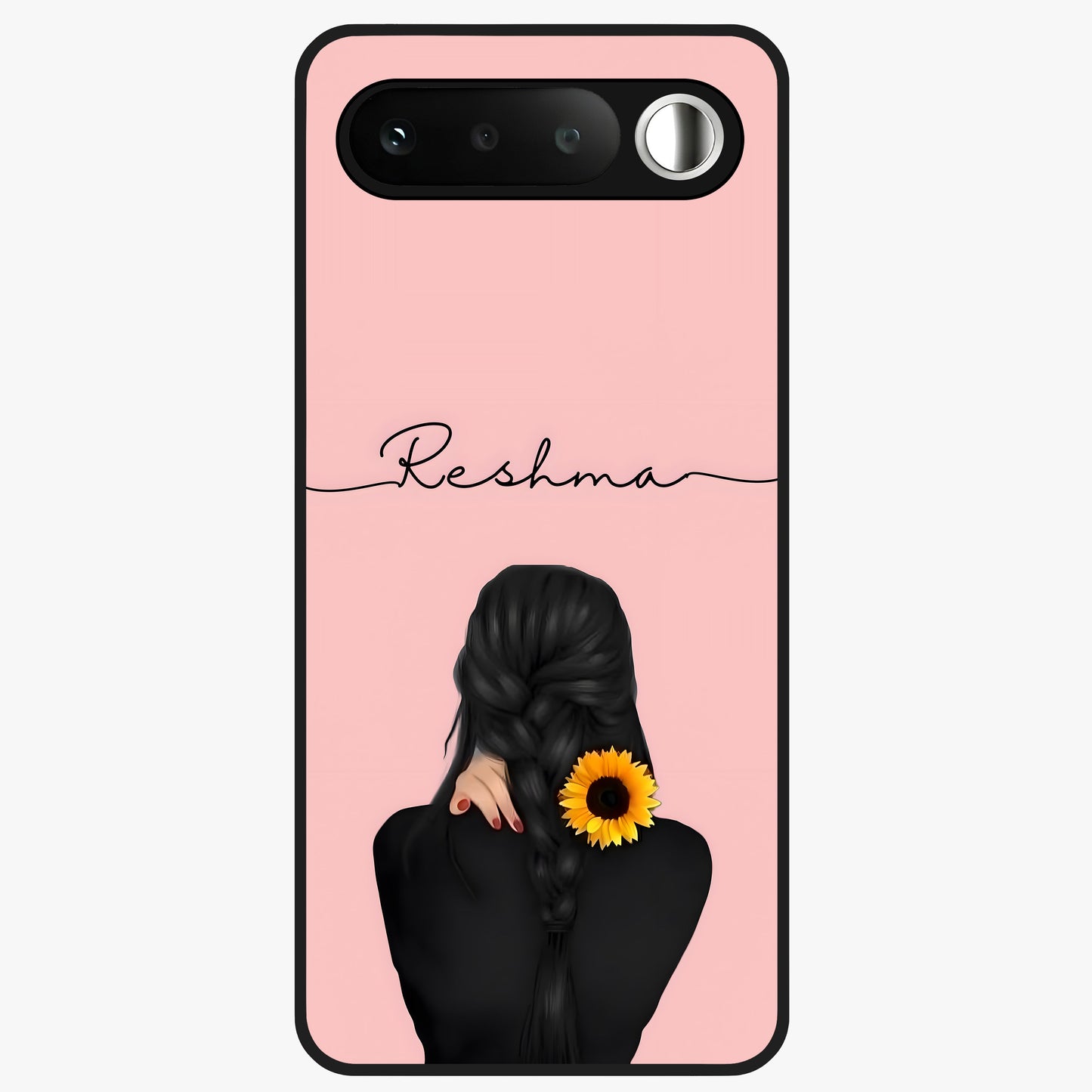 Sunflower Braid Beauty With Custom Name Glass Case showing flat back view with sunflower braid artwork and personalized name design.