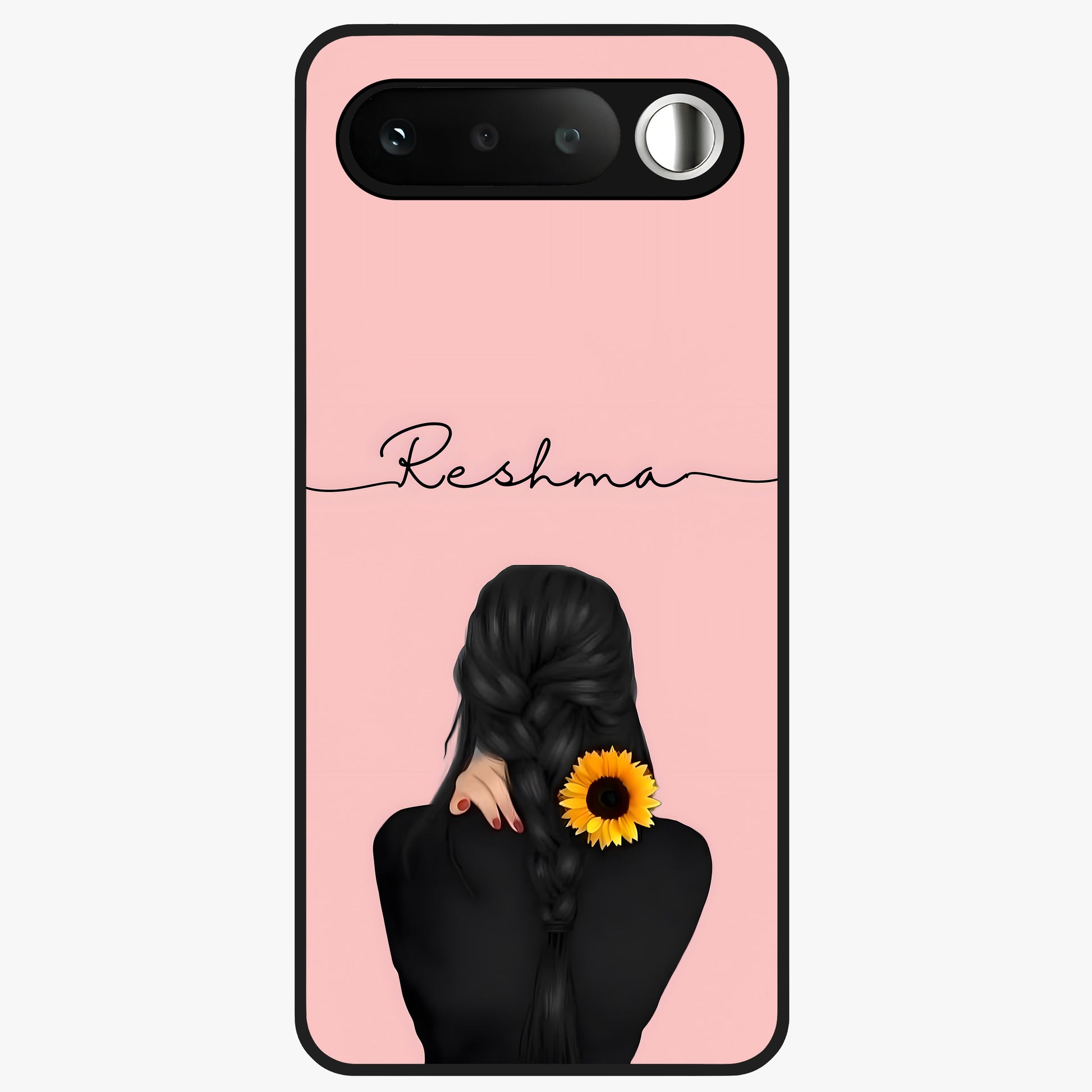 Sunflower Braid Beauty With Custom Name Glass Case showing flat back view with sunflower braid artwork and personalized name design.
