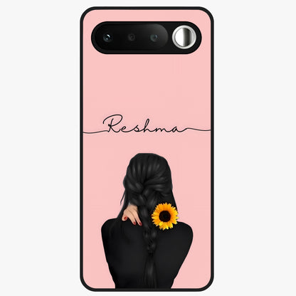 Sunflower Braid Beauty With Custom Name Glass Case showing flat back view with sunflower braid artwork and personalized name design.