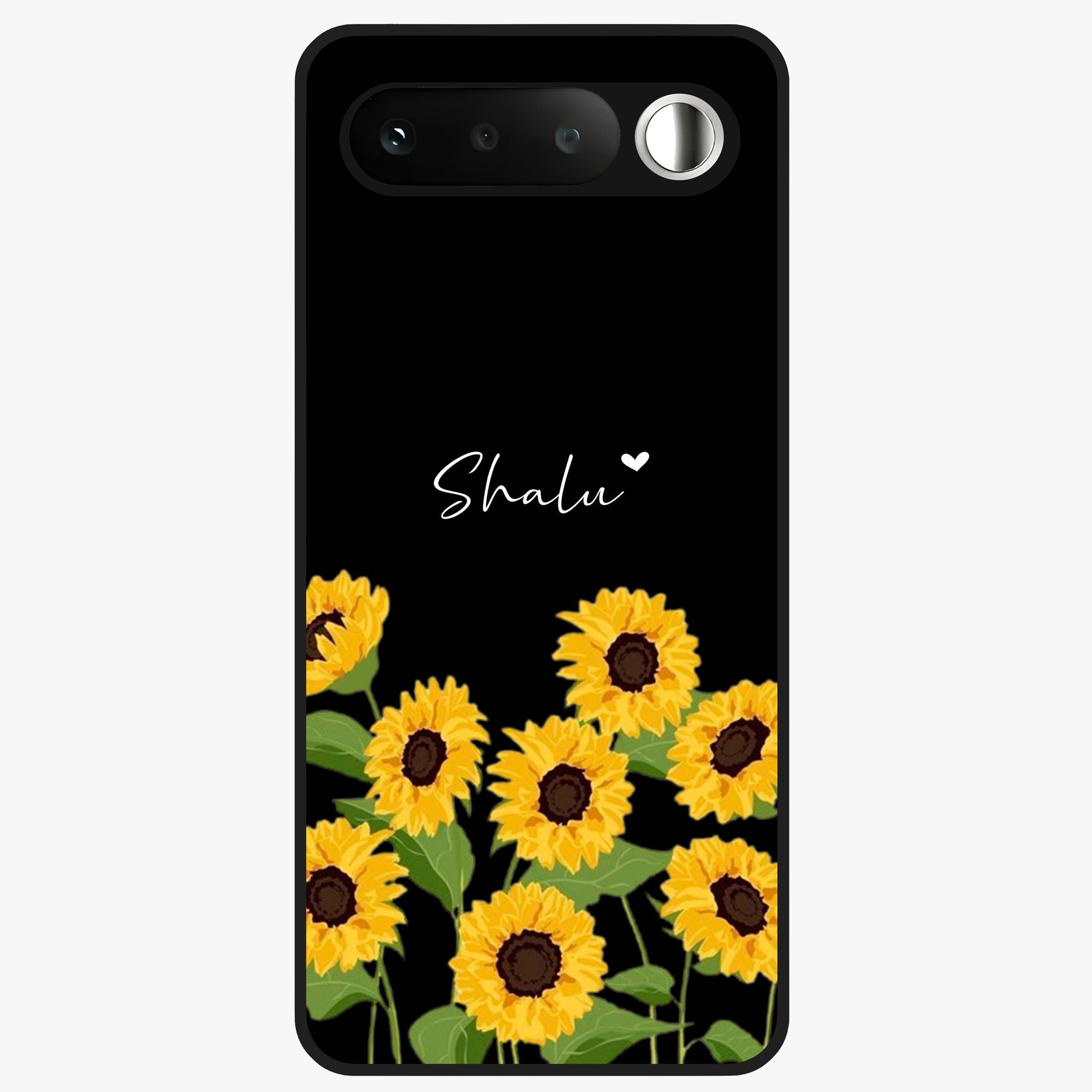 Sunflower Chic Mood Custom Name Glass Case showing flat back view with stylish sunflower artwork and personalized name design.