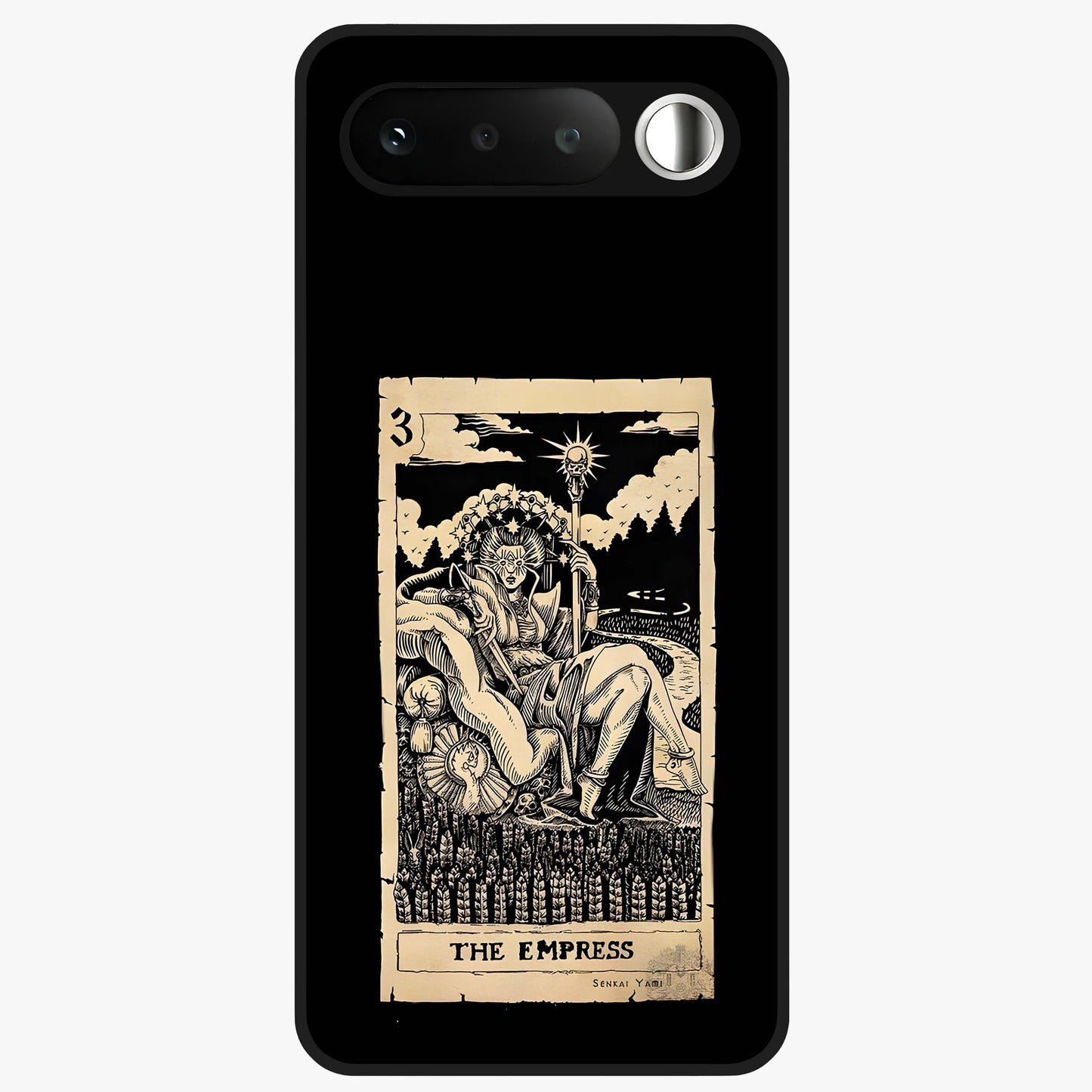 The Empress Glass Case showing flat back view with regal feminine artwork and glossy glass finish.