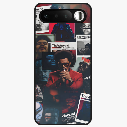 The Weeknd Glass Case showing flat back view with music inspired artistic portrait artwork and glossy glass finish.