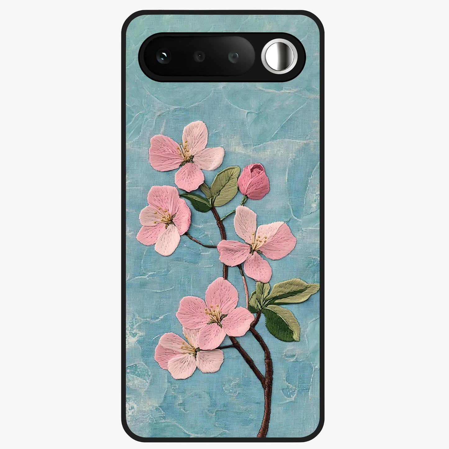 Threaded Blossom Breeze Glass Case showing flat back view with delicate blossom artwork and glossy glass finish.
