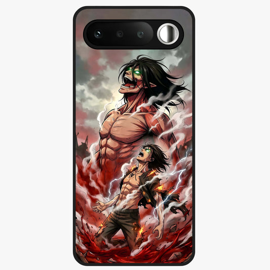 Titan Awakening Fury Glass Case showing flat back view with powerful titan inspired artwork and glossy glass finish.