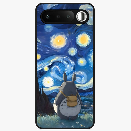 Totoro In Van Gogh Art Glass Case showing flat back view with whimsical character artwork inspired by Van Gogh style and glossy glass finish.